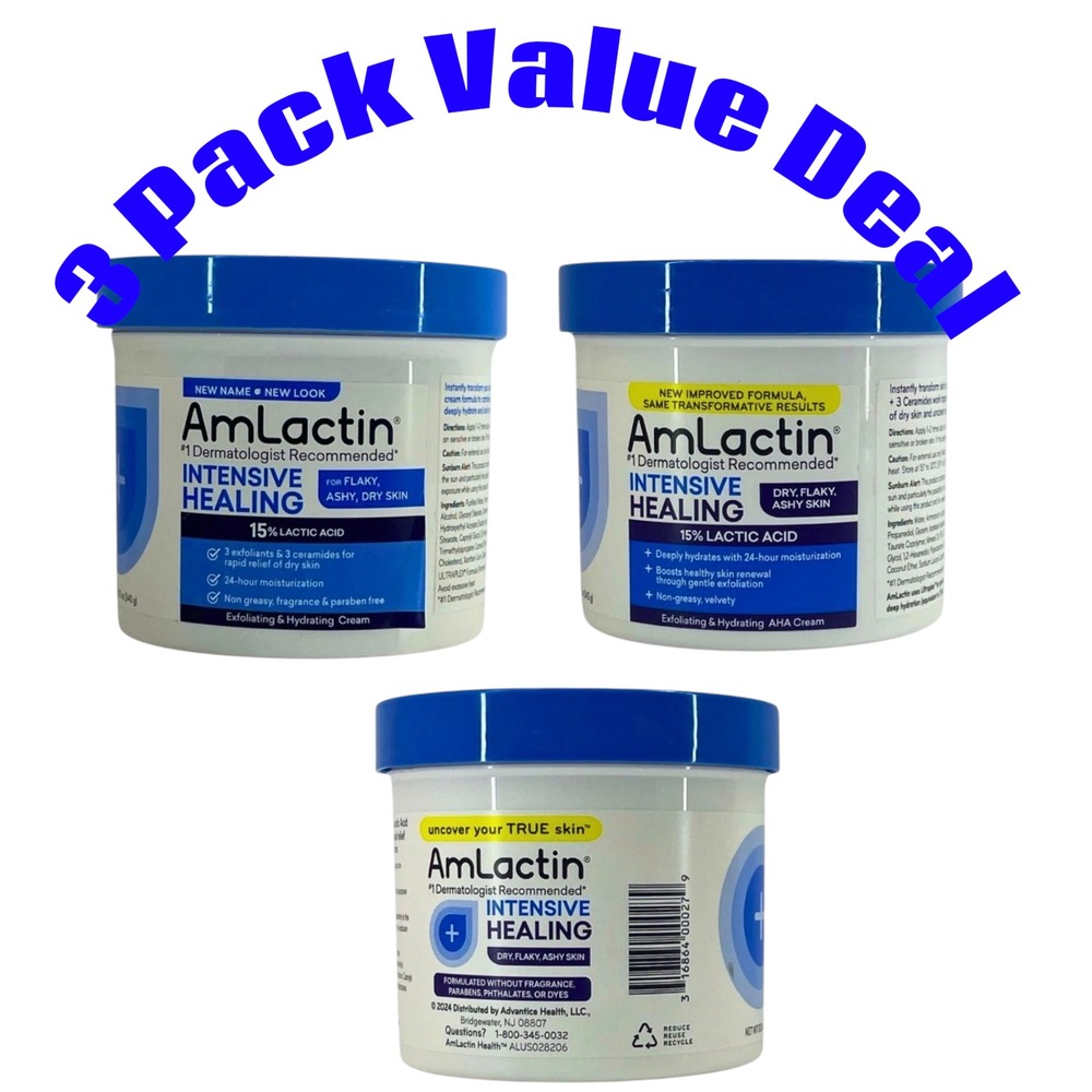 AmLactin Intensive Healing 15% Lactic Acid Cream Flaky Dry Skin 12oz 3 Pack New